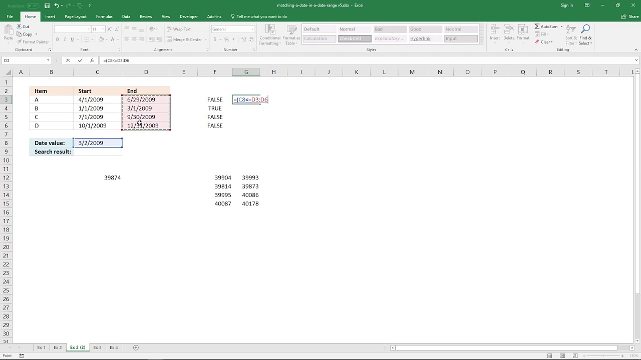 Match a date within unsorted noncontigous date ranges