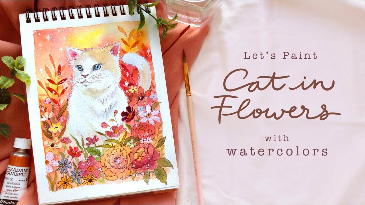 Let's Paint cat in Flowers in Watercolor 🐈