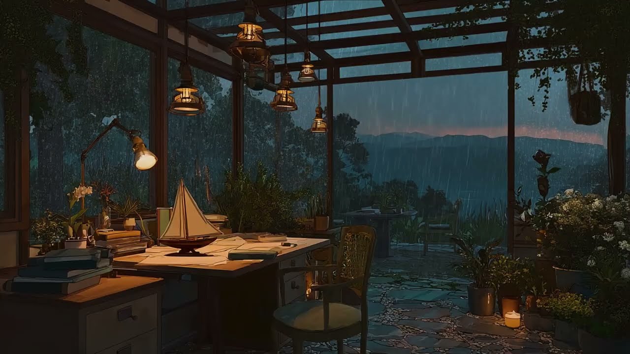 Misty Seaside Porch at Blue Hour 🌫️ Gentle Waves & Rain for Sleep | Foggy Ambience