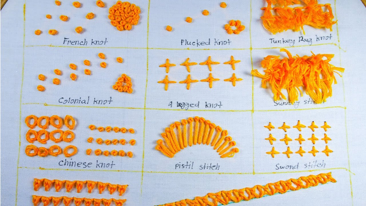 17 basic knot stitch tutorial, hand embroidery knot stitch family