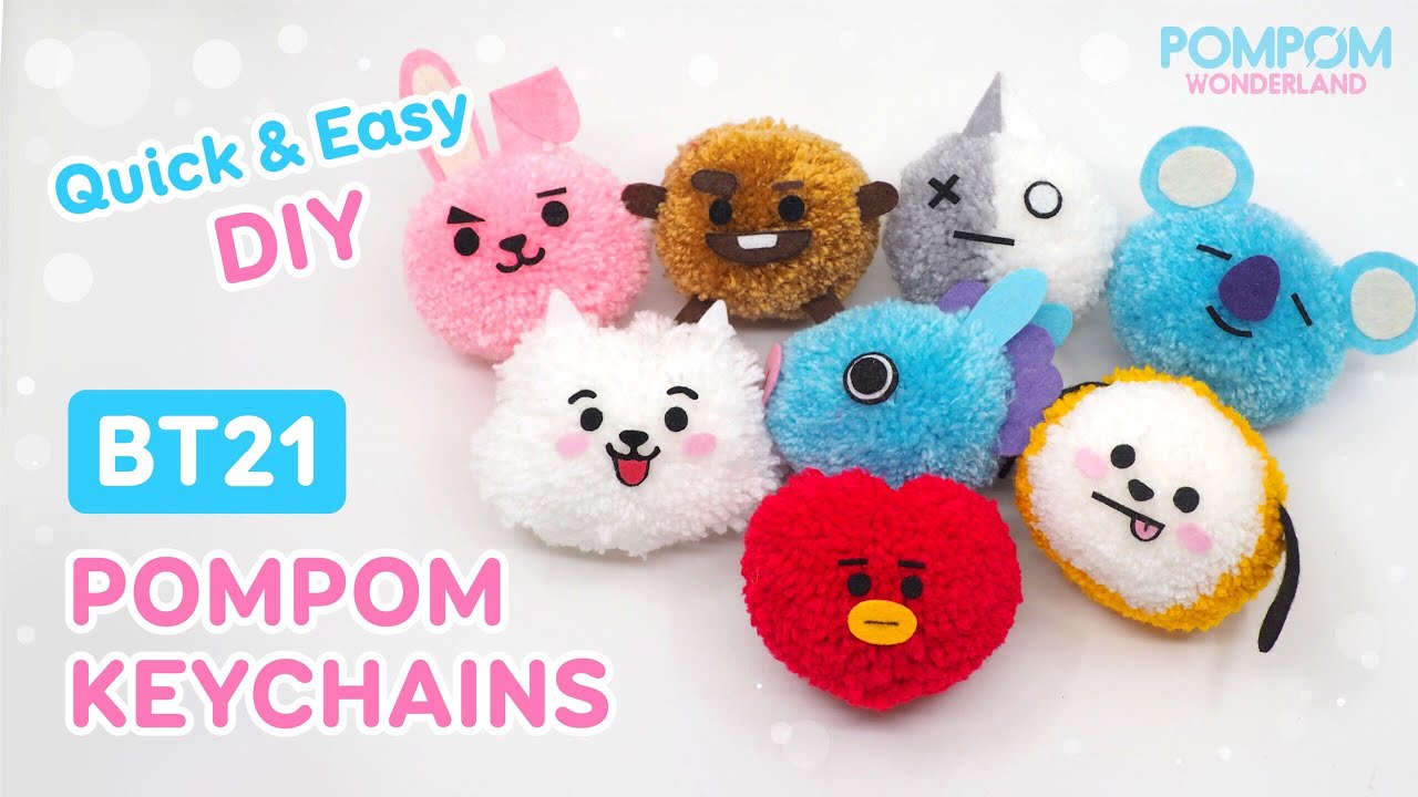 BTS BT21 Pompom Keychains - Quick & Easy DIY -  Cách làm móc khóa pompom BT21