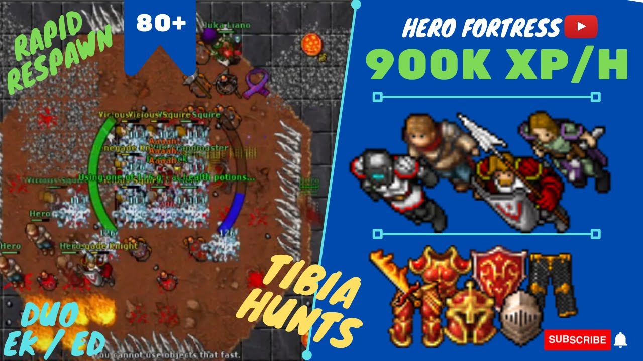 DUO EK/ED LVL 80+ 900K+ XP/H 150% - SKILLS 73/67 - TIBIA HUNT - HERO CAVE - RAPID RESP EVENT