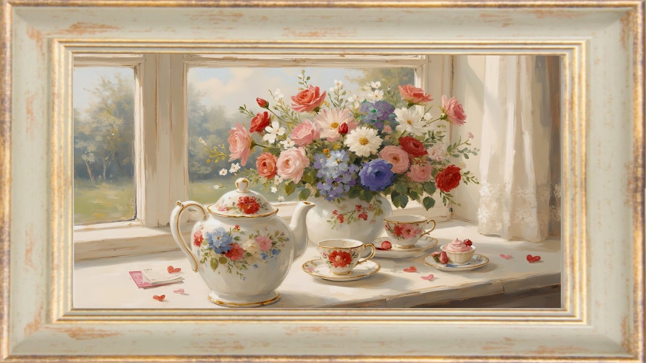 True Love Tea Red Roses | Valentine Red, Antique White, Blue | Gold Frame Art | 1 Scene 2 Hours