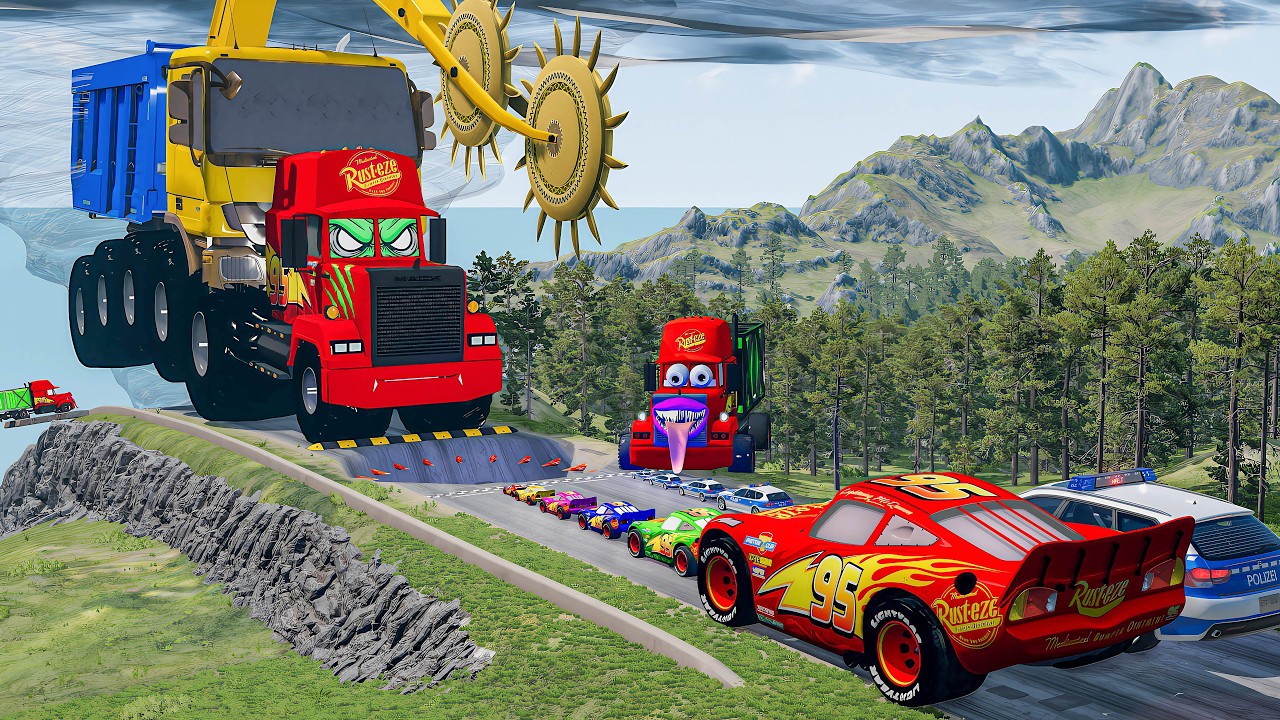 Giant CRUSHER DOZER MACK TRUCK VS Cars Lightning McQueen & Police Car & Giant Tornado - Beamng.Drive