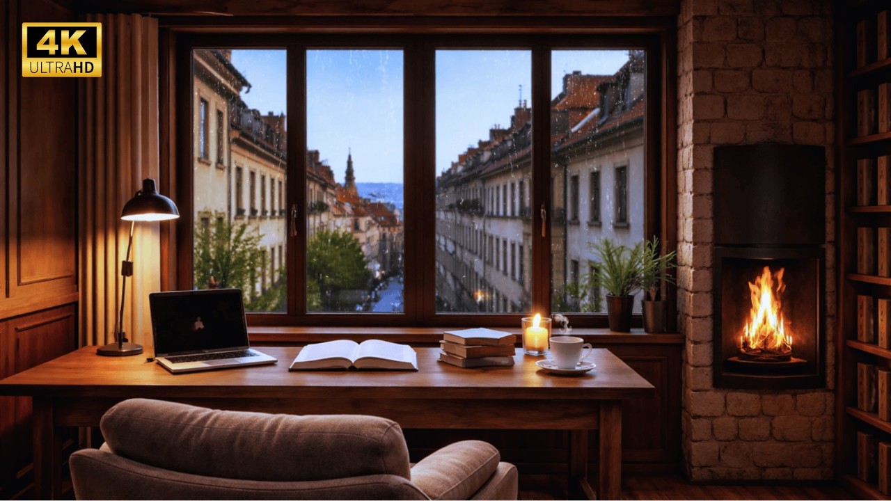 Rainy Night in a Cozy Book Café 🌧️🔥 Smooth Jazz Piano & Fireplace Ambience for Reading & Relaxation🎶