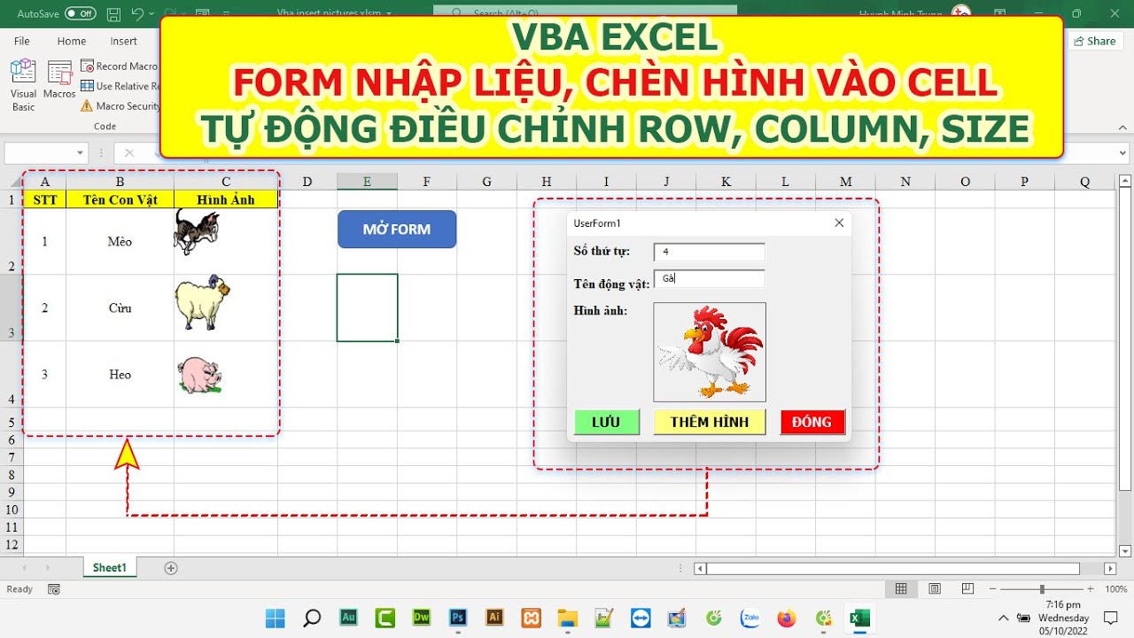 VBA Excel Form insert picture to cell  Chèn hình ảnh vào cell, điều chỉnh rowheight, columnwidth