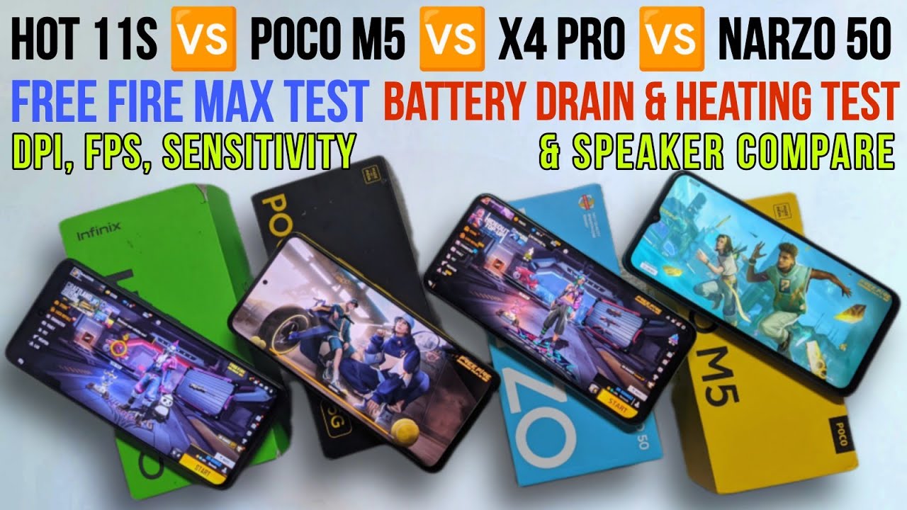 Narzo 50 🆚 Poco M5 🆚 X4 Pro 🆚 Infinix Hot 11s Free Fire test,🔋 drain test & heating test...