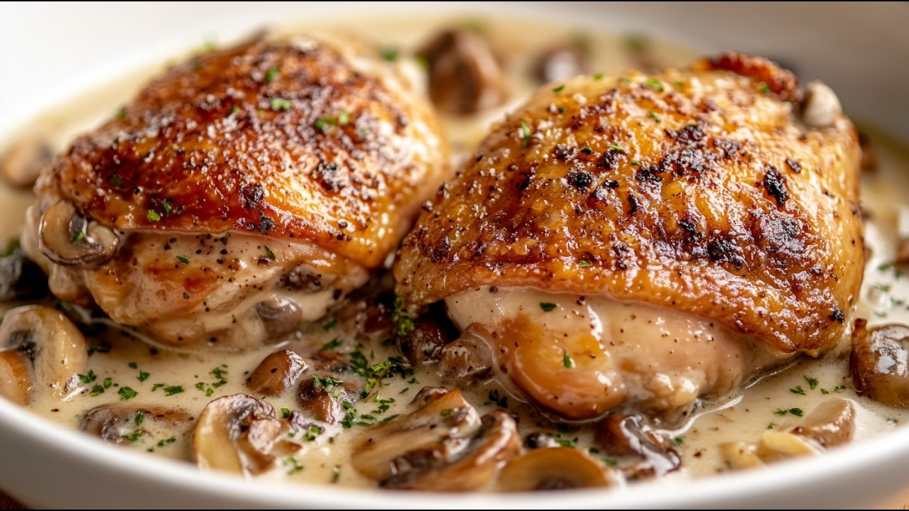 Всего за 30 минут! Куринные бедра в кремовом чесночном соусе с грибами!