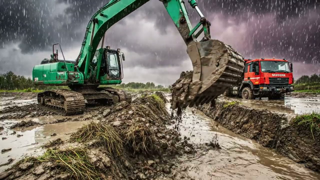 A Green Excavator Gets Lost in a Swamp and a Surprise Rescue