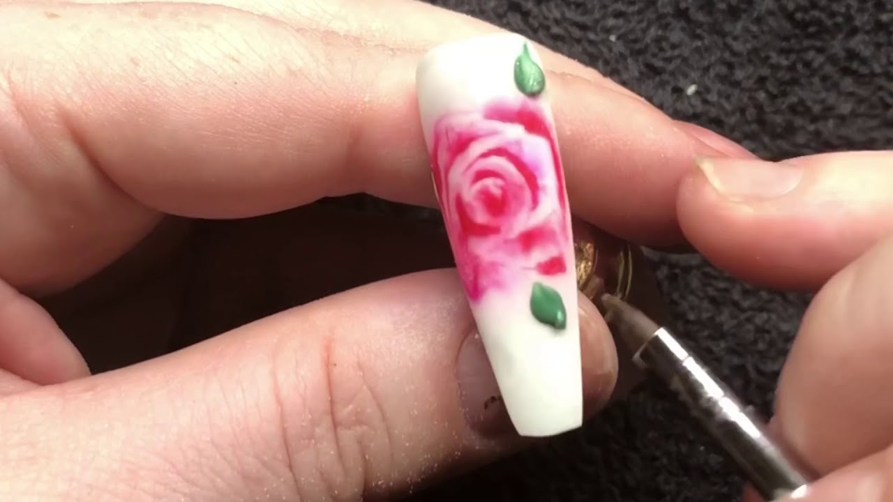 Simple Blooming Gel Rose Nail Art with 3d Leaves