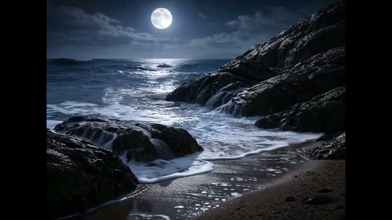 Moonlit Ocean Waves Crashing on Rocks 🌙 Relaxing Night Ocean Sounds for Deep Sleep (5 Hours)