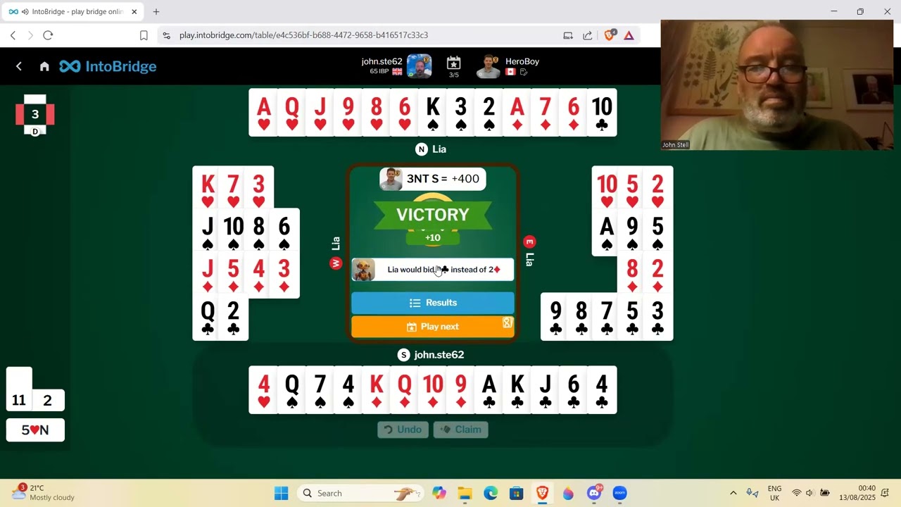 5 hands against a top bridge player Danny Miles 12th August 2025