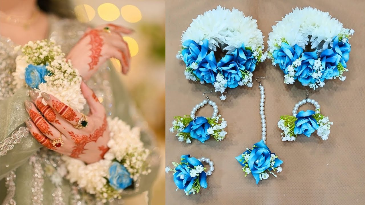 How to Make Artificial Flower Blue Roses Gajray Jewellery Set 2hands kangan,Earrings, Mehndi, Bridal