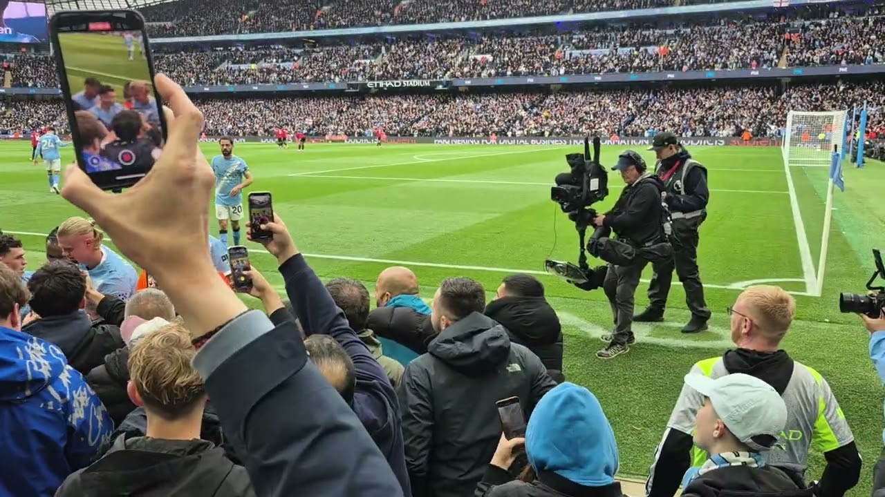 Celebration after 1st goal in Man City - Man Utd Premier League game.