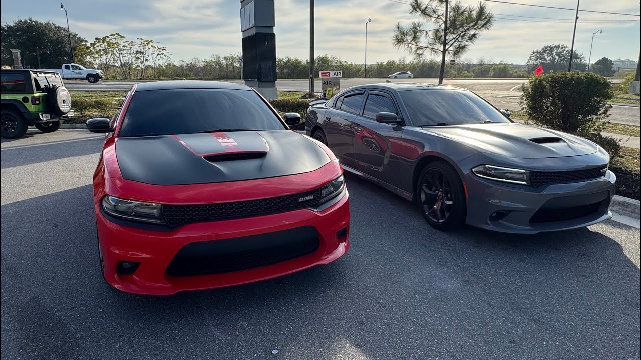 POV 2 Chargers Racing To The Gas Station Through Traffic