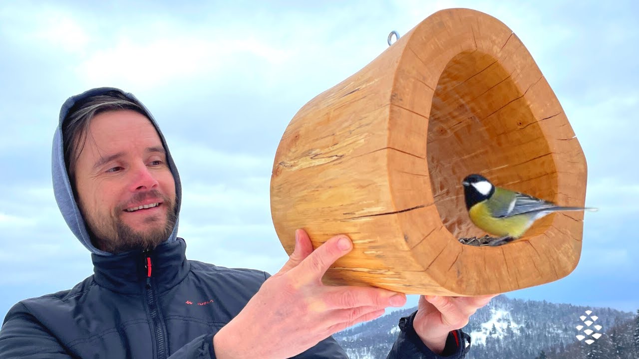 Carving Modern Rustic Bird Feeder From Solid Birch Log With Power Tools (MANPA Multi Cutter)