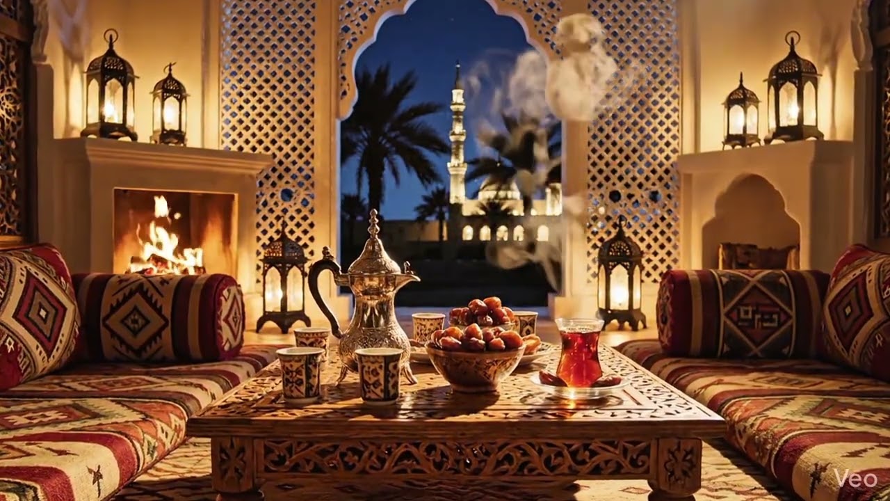 أجواء رمضانية  أجواء الإفطار هادئة مع فوانيس رمضان ومدفأة 🌛🌛⭐️ #رمضان_كريم #أجواء_رمضانية 
