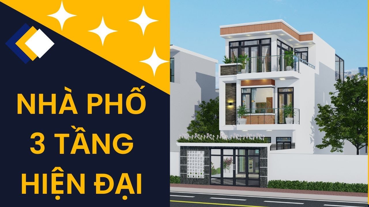 Mẫu nhà phố 3 tầng đẹp mặt tiền 6m hiện đại MỚI NHẤT | Thiết kế nhà phố 3 tầng đẹp 6x14 có sân trước