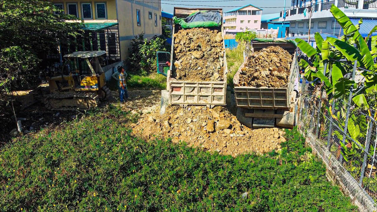 Awesome! Start Doing Landfill into Tiny Flood Land Using Dump Truck & KOMATSU D20P Dozer Push Soil