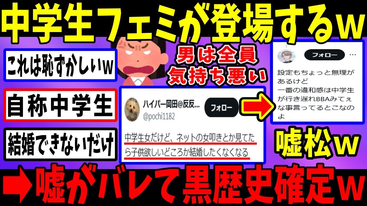 ツイフェミさん、男叩きするために中学生になるｗ