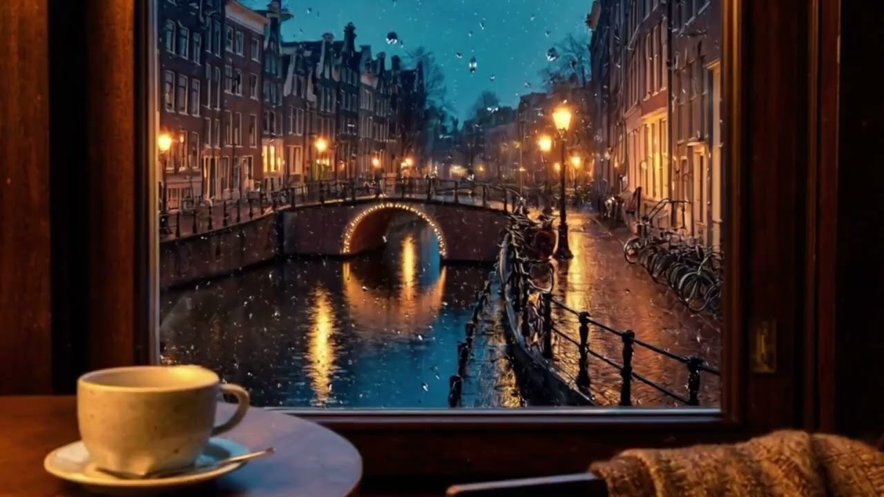 Rainy Night in Amsterdam – Cozy Canal View from Apartment Window (2H Ambience)