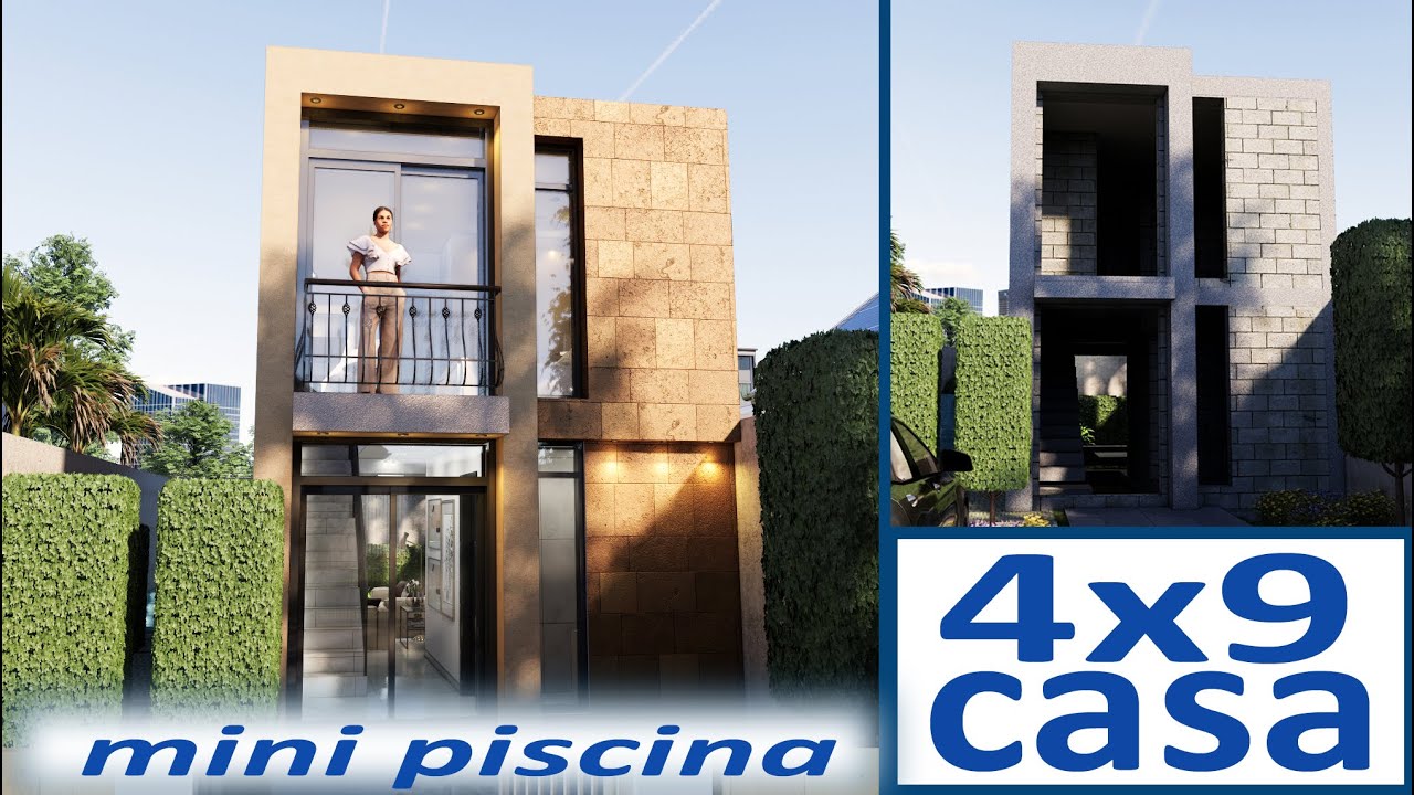 Casa Pequeña de Dos Pisos 4 x 9 - Planos de Casas Pequeñas de 2 Plantas con Medidas - Piscina Mini