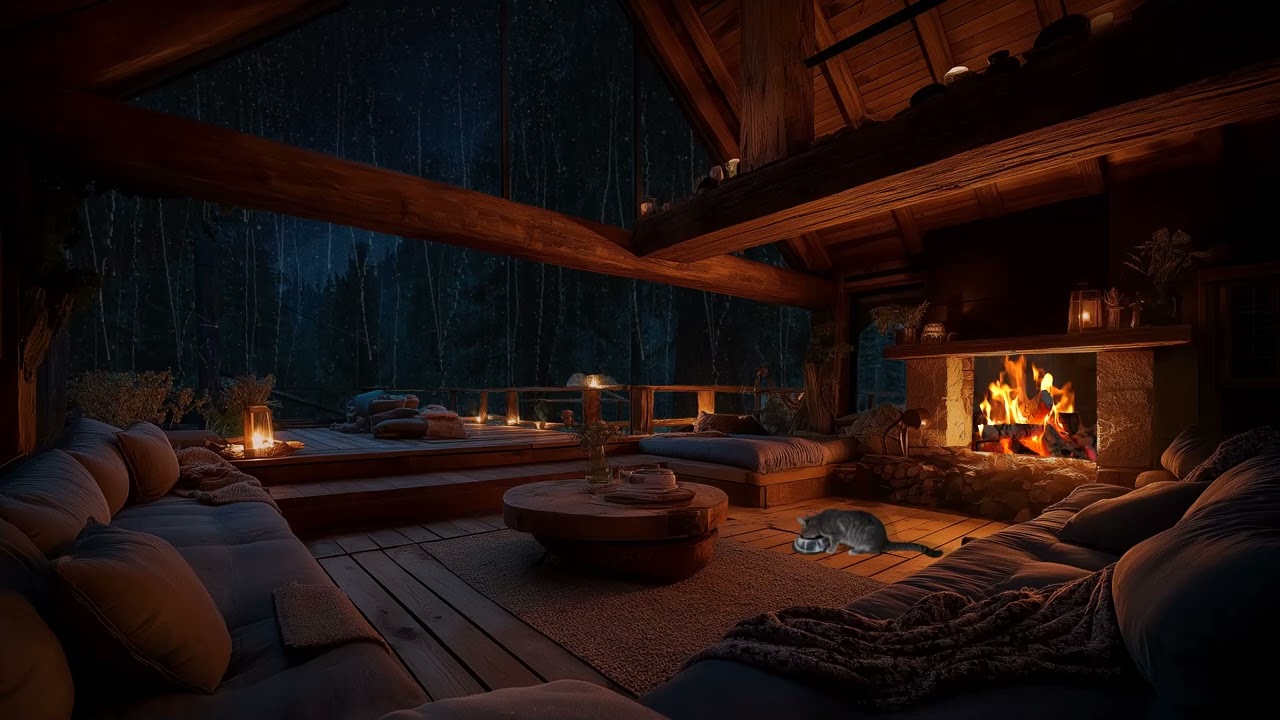 🌧️ Cozy Loft Bedroom Night | Rain & Crackling Fireplace Sounds for Sleep