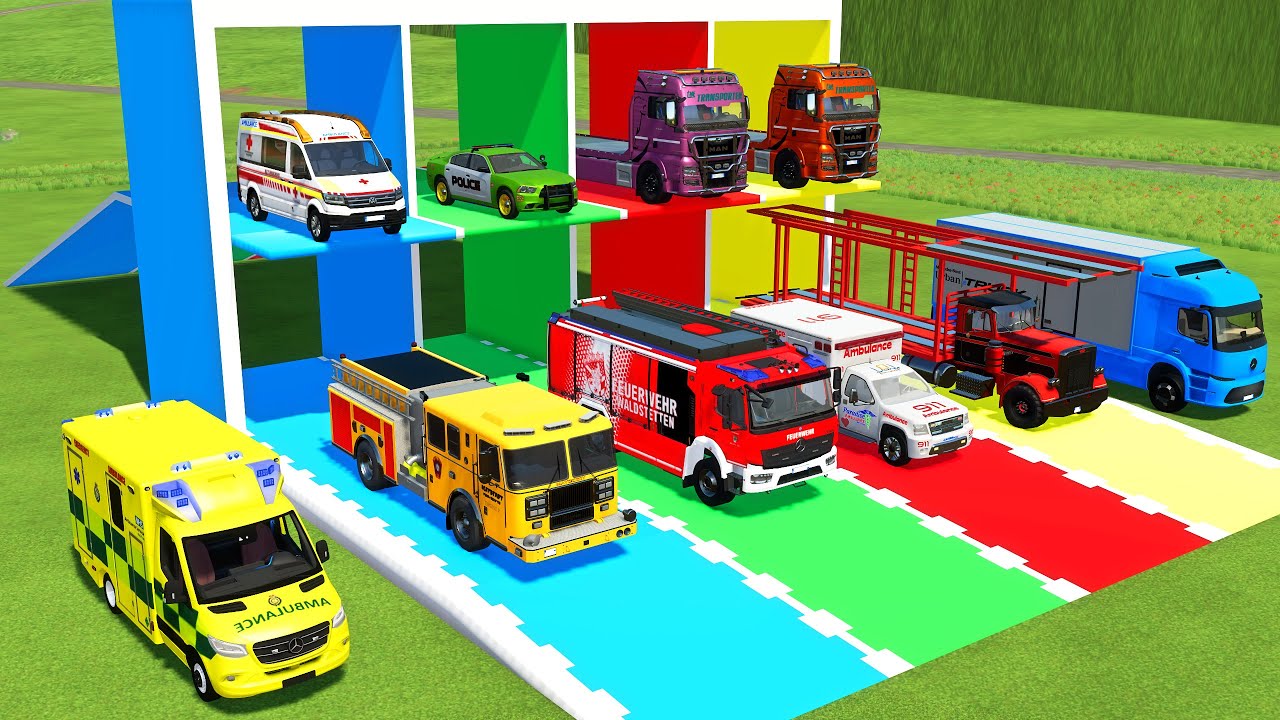 TRANSPORTING FIRE DEPARTEMENT, POLICE CARS, AMBULANCE, FIRE TRUCK TO GARAGE | FS22 SIMULATOR 22