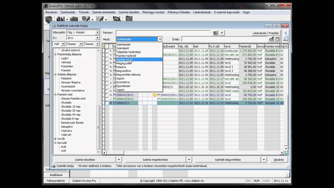 Dolphin - InvoicePro sz&aacute;ml&aacute;z&oacute; program  - Sz&aacute;ml&aacute;k List&aacute;ja - Teljes vide&oacute;