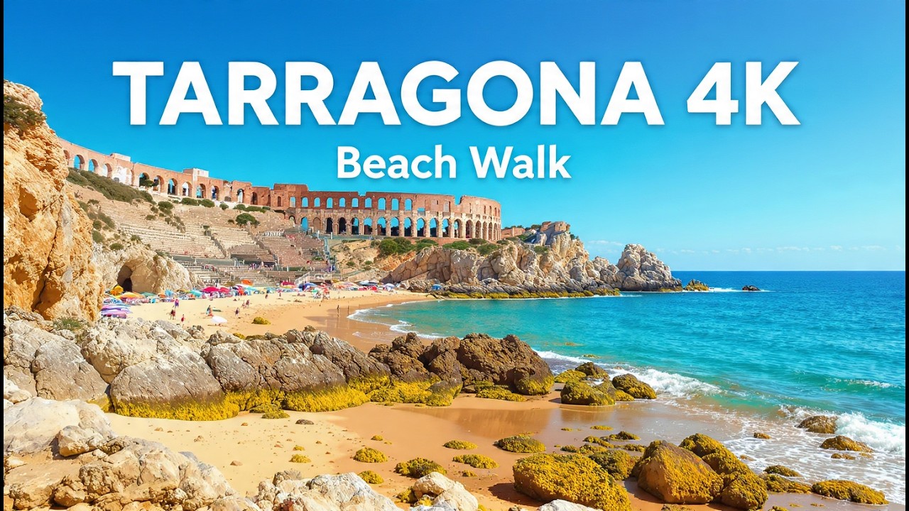 TARRAGONA 4K Walking Tour | Playa del Miracle Beach Walk | Mediterranean Sea ASMR