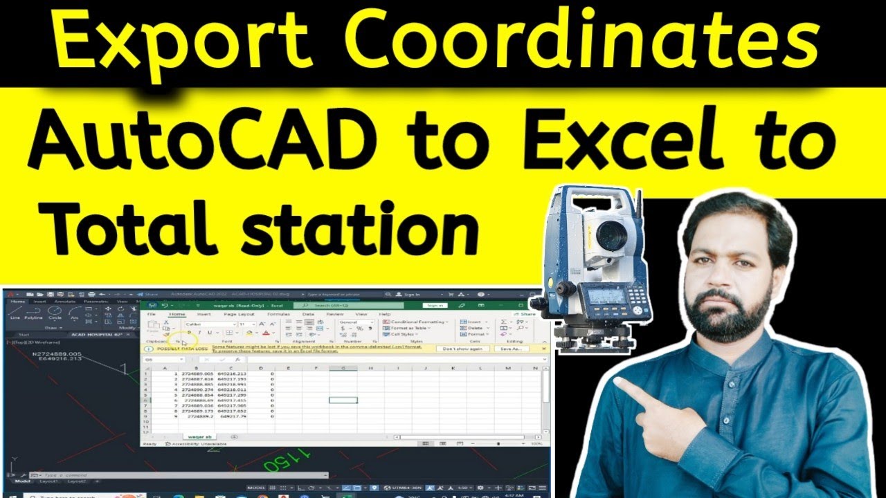 how to export coordinates AutoCAD to excel file excel file to total station