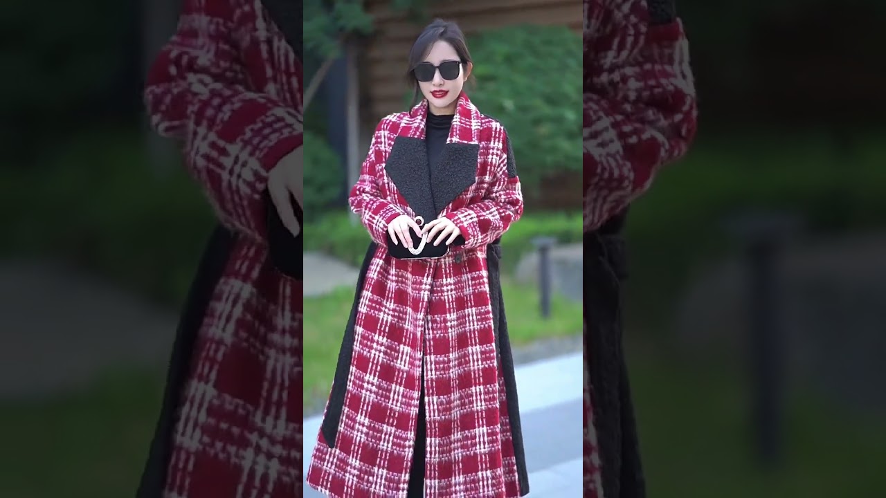 Wide Lapel Wool Tied Red Tartan Coat