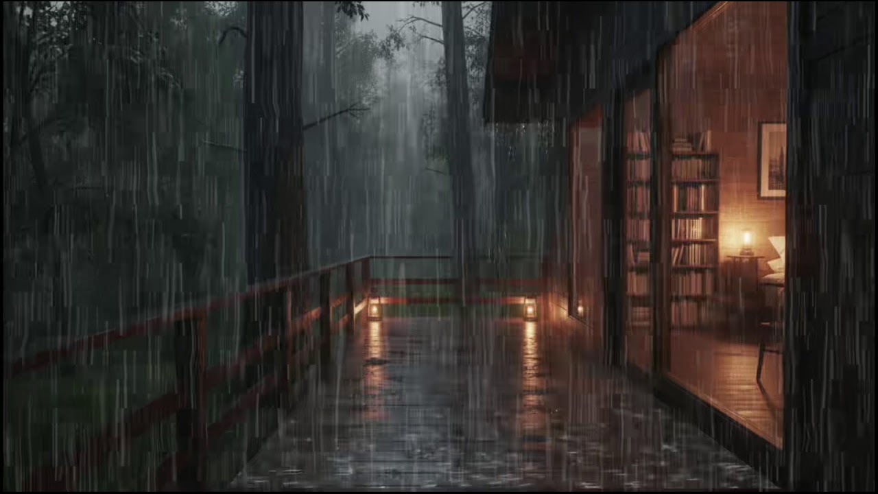 Gentle rain at a forest cabin, night rain ambience for deep sleep relief from insomnia sounds calm