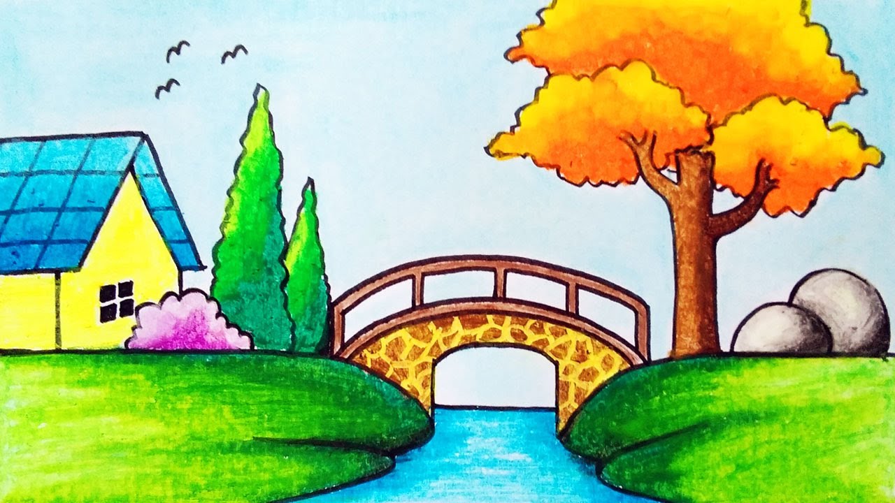 Cara Menggambar Pemandangan Sungai dan Jembatan yang Simpel | Gambar Pemandangan yang Gampang