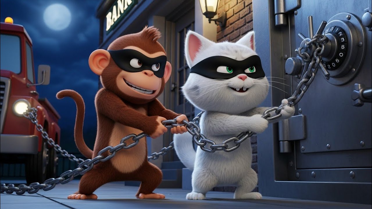 Funny Bank Robbery Cartoon 😹🐒 | Cat & Monkey Bank Heist | Kids Moral Story 3D Animation