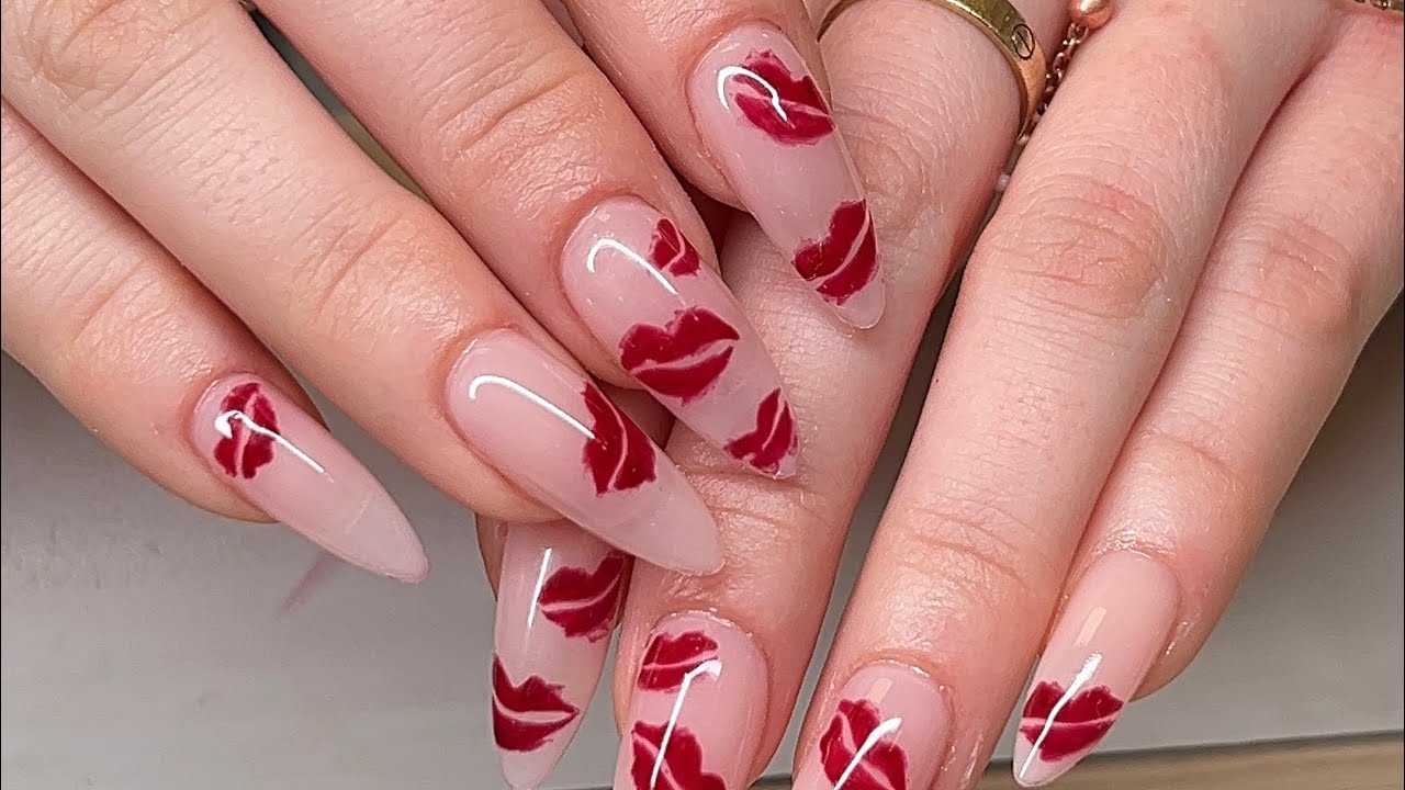 Valentine Day Nail Inspo | Gel-X Full-set | Almond Shape | Smudged Kisses Design | Watch Me Work