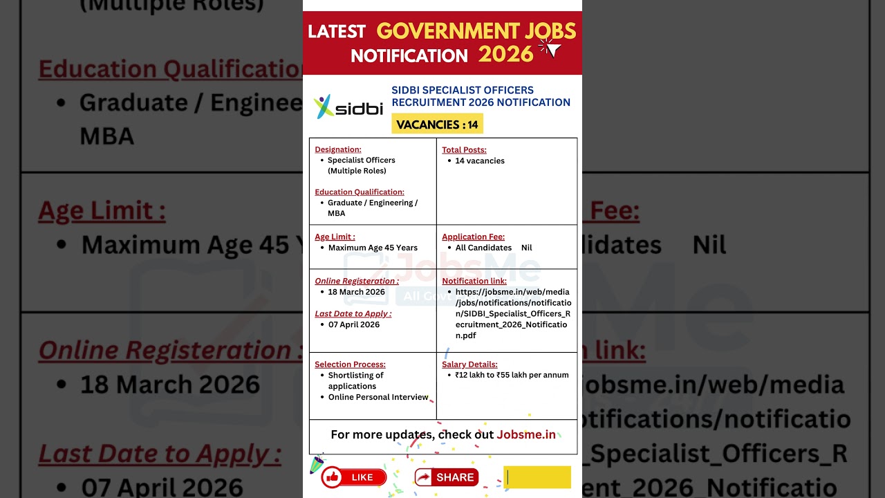 SIDBI Specialist Officer Recruitment 2026 🔥 14 Vacancies | Salary up to ₹55 LPA | Apply Now!