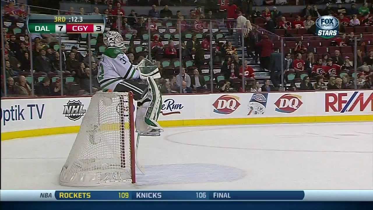 Kari Lehtonen sits on his net in 3rd. Dallas Stars vs Calgary Flames 11/14/13 NHL Hockey.