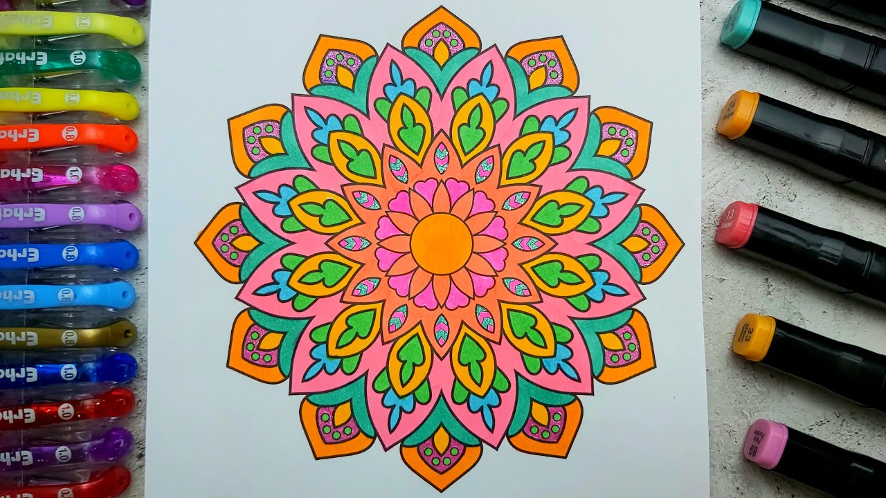 Satisfying ASMR Mandala Coloring Book #13 |Coloring with markers and colored pens| Relaxing coloring