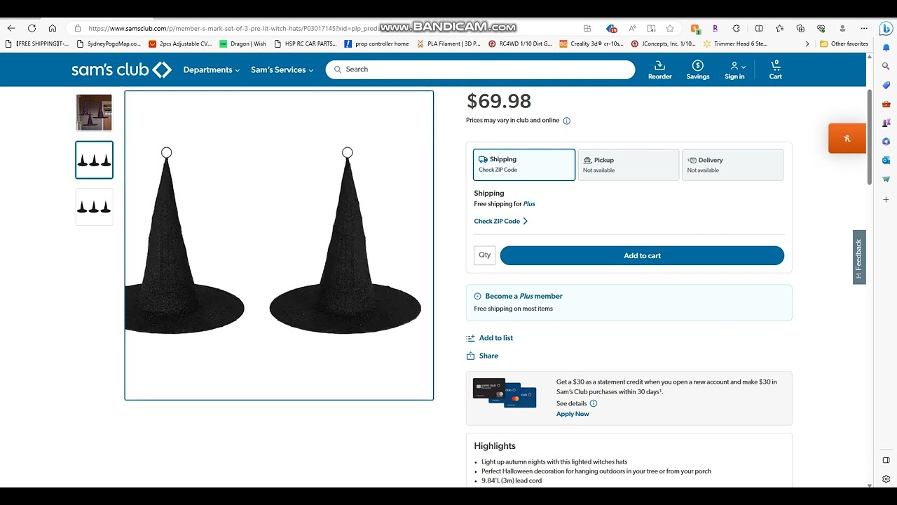 Member's Mark Set of 3 Pre-Lit Witch Hats