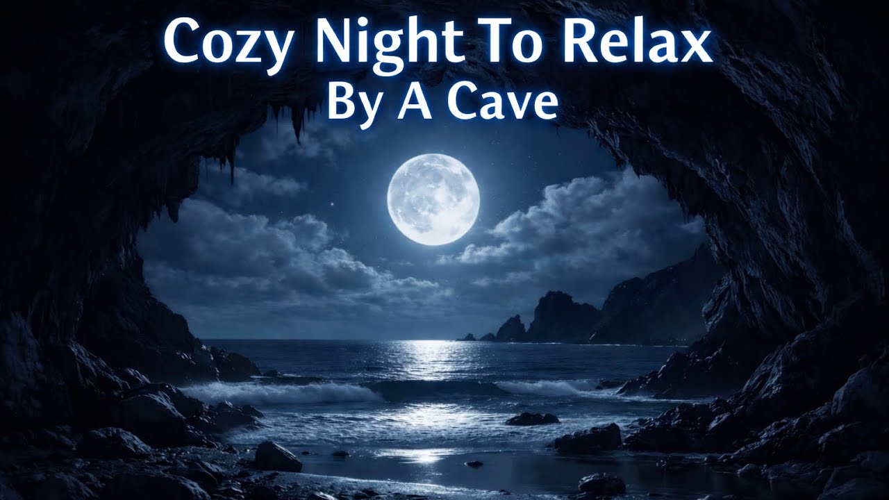 Calm Cozy Night Cave * Sleep Ambience To The Sound Of Waves Under A Full Moon