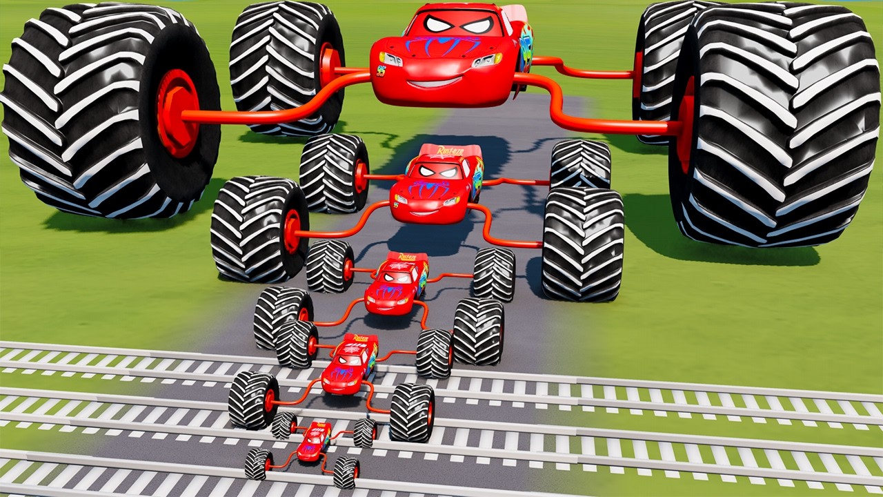 Big & Small Spiderman McQueen with Monster wheels VS Train | BeamNG.drive