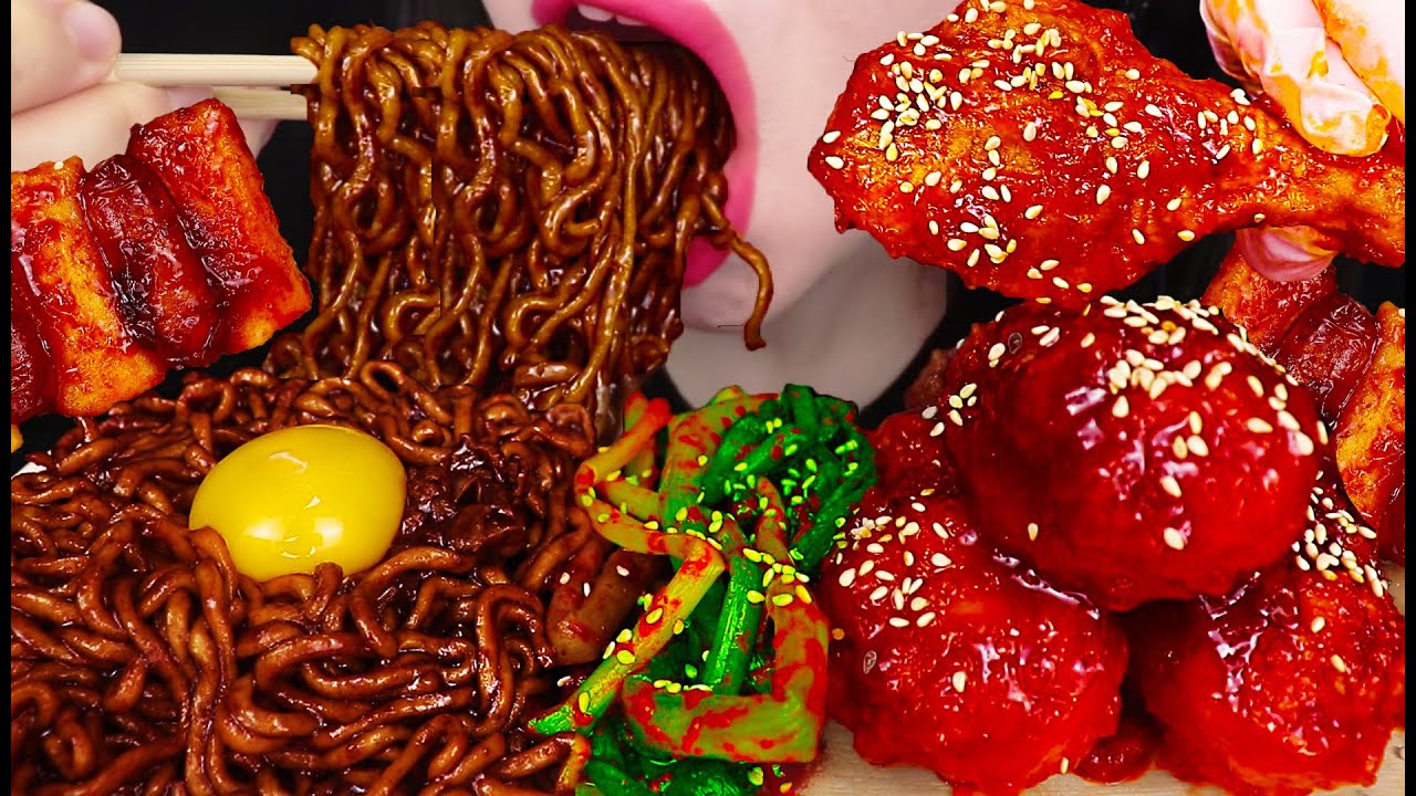 ASMR Black Bean Noodles Fried Chicken 양념 치킨 짜장라면 먹방 Mukbang, Eating