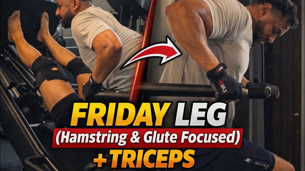FRIDAY LEG BLAST 🔥 (Hamstring & Glute Focus) + Triceps Pump | WEEK-2, DAY-5, | Daily workout vlog