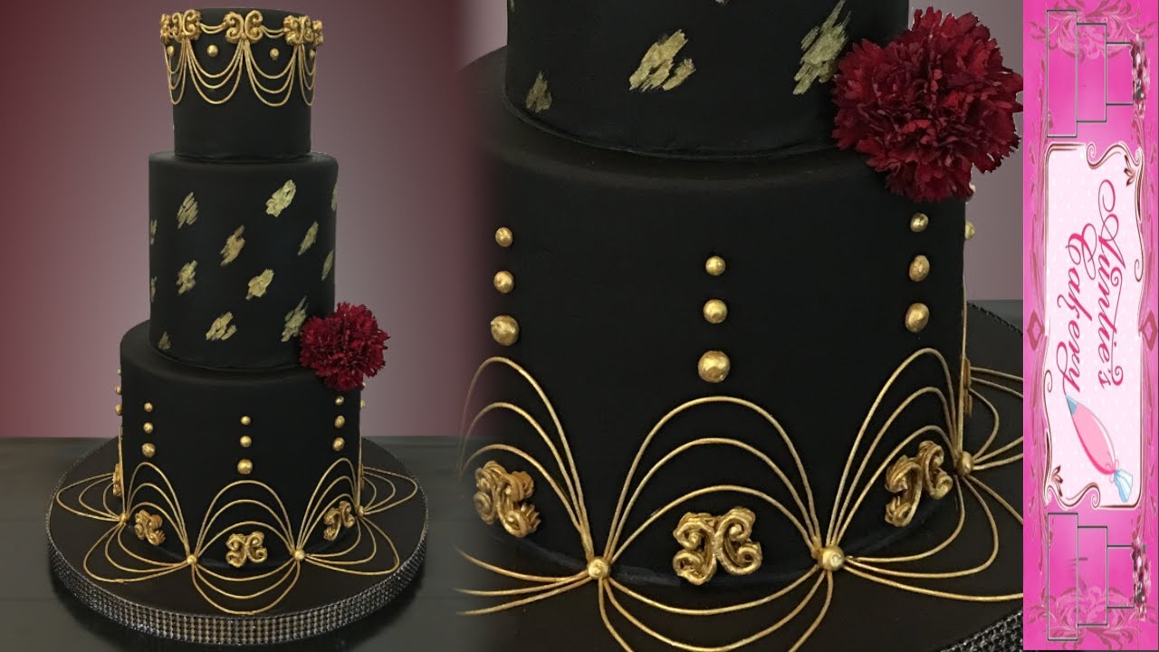 Gold & Black Wedding Cake - with Lambeth type piping.