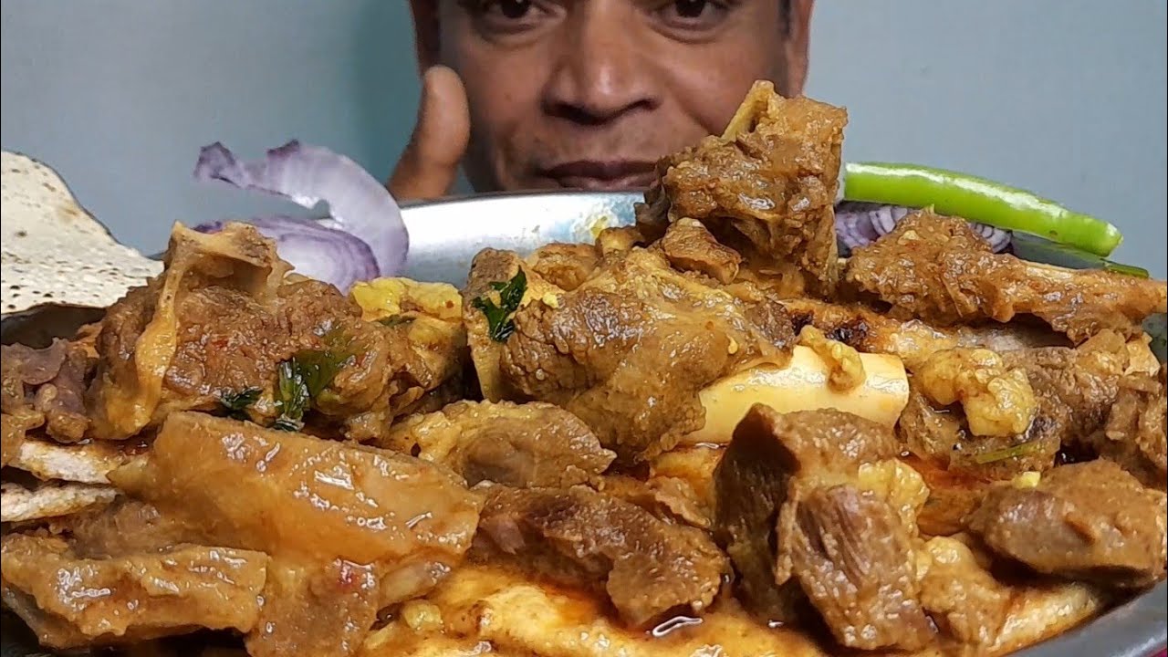EATING SPICY MUTTON FRONT DUST NELLI CURY WITH BHIGI ROTI, ONION, PAPAD, REAL MUKBANG EATING SHOW 