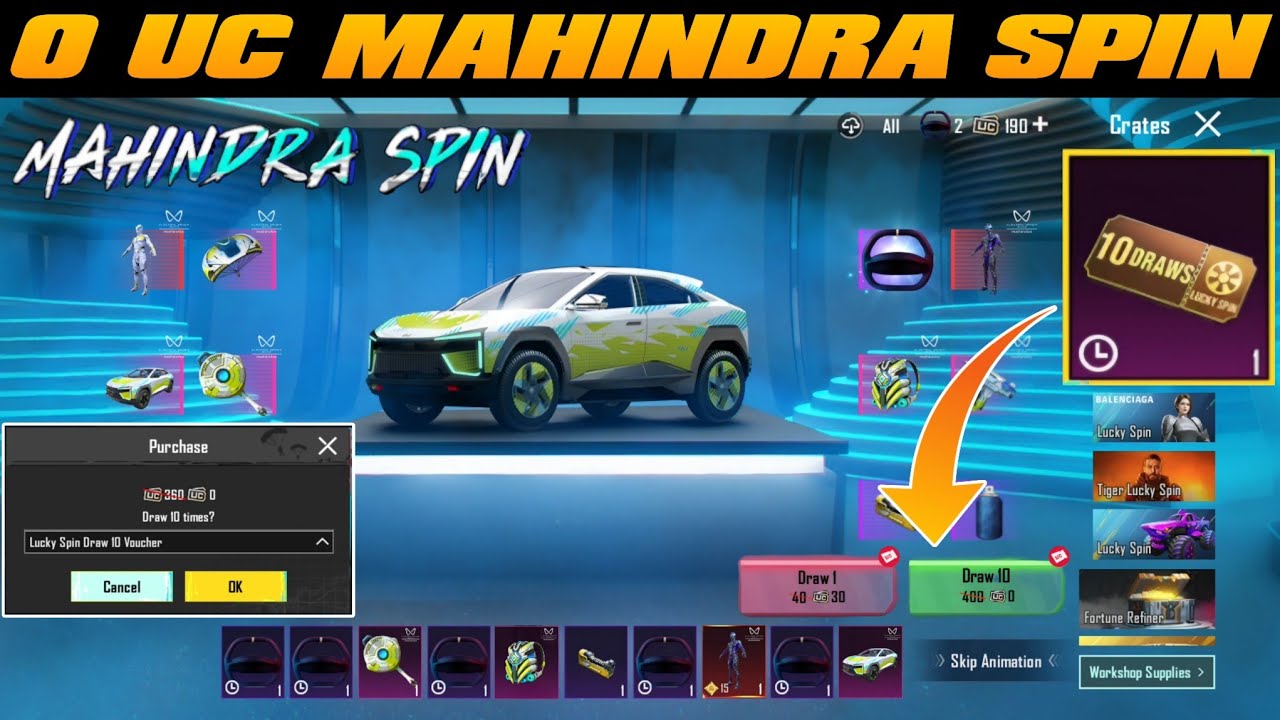 😍 0 UC MAHINDRA SPIN ✅ 10 DRAW VOUCHER USE IN MAHINDRA SPIN | GOT MYTHIC OUTFIT | 0 UC 10 SPIN BGMI