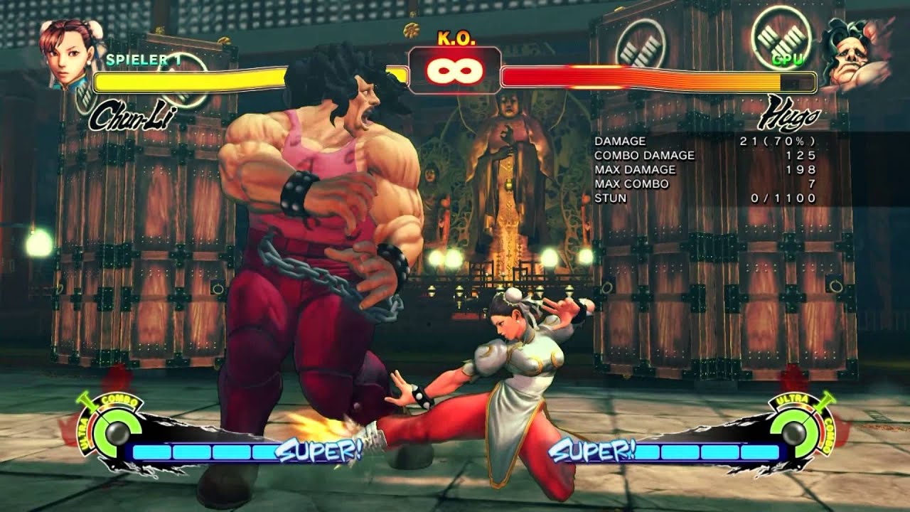 usf4 chun-li vs hugo specific combos troll setups (abusing his halfscreen hitbox)
