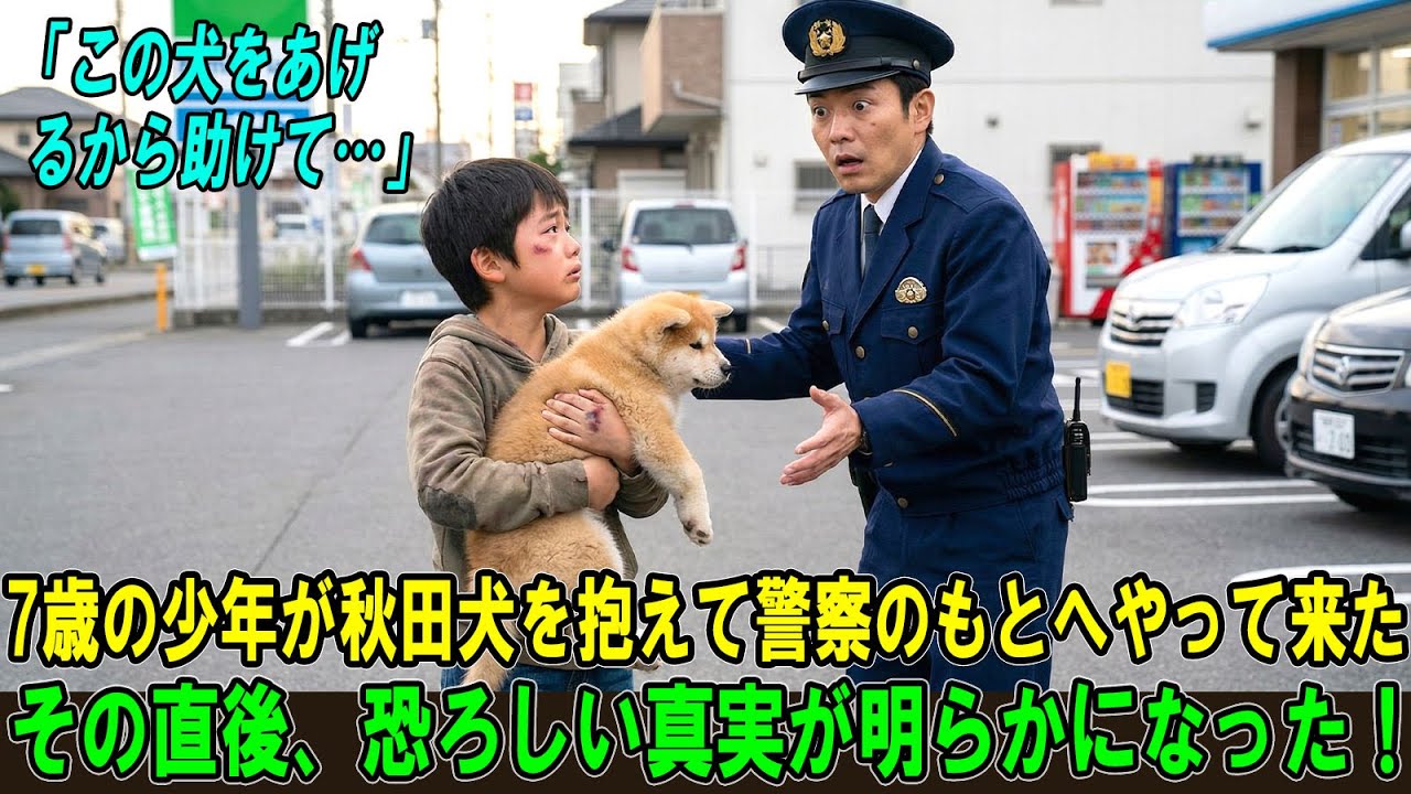 【奇跡の実話】7歳の少年が秋田犬を抱えて警察のもとへやって来た。「この犬をあげます…だから、義父を捕まえに来てください」その直後、恐ろしい真実が明らかになった！