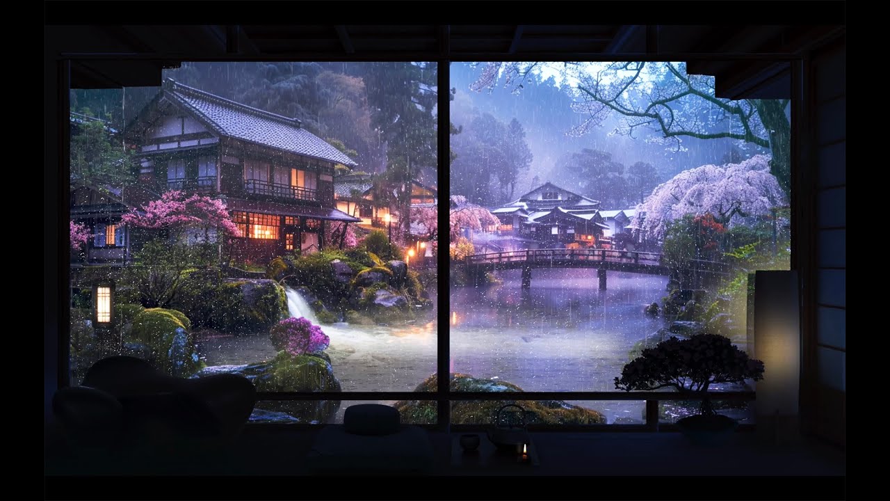 Rain + Distant Thunder On a Zen River Garden In Japan At Night, For sleep, study, relaxation | ASMR